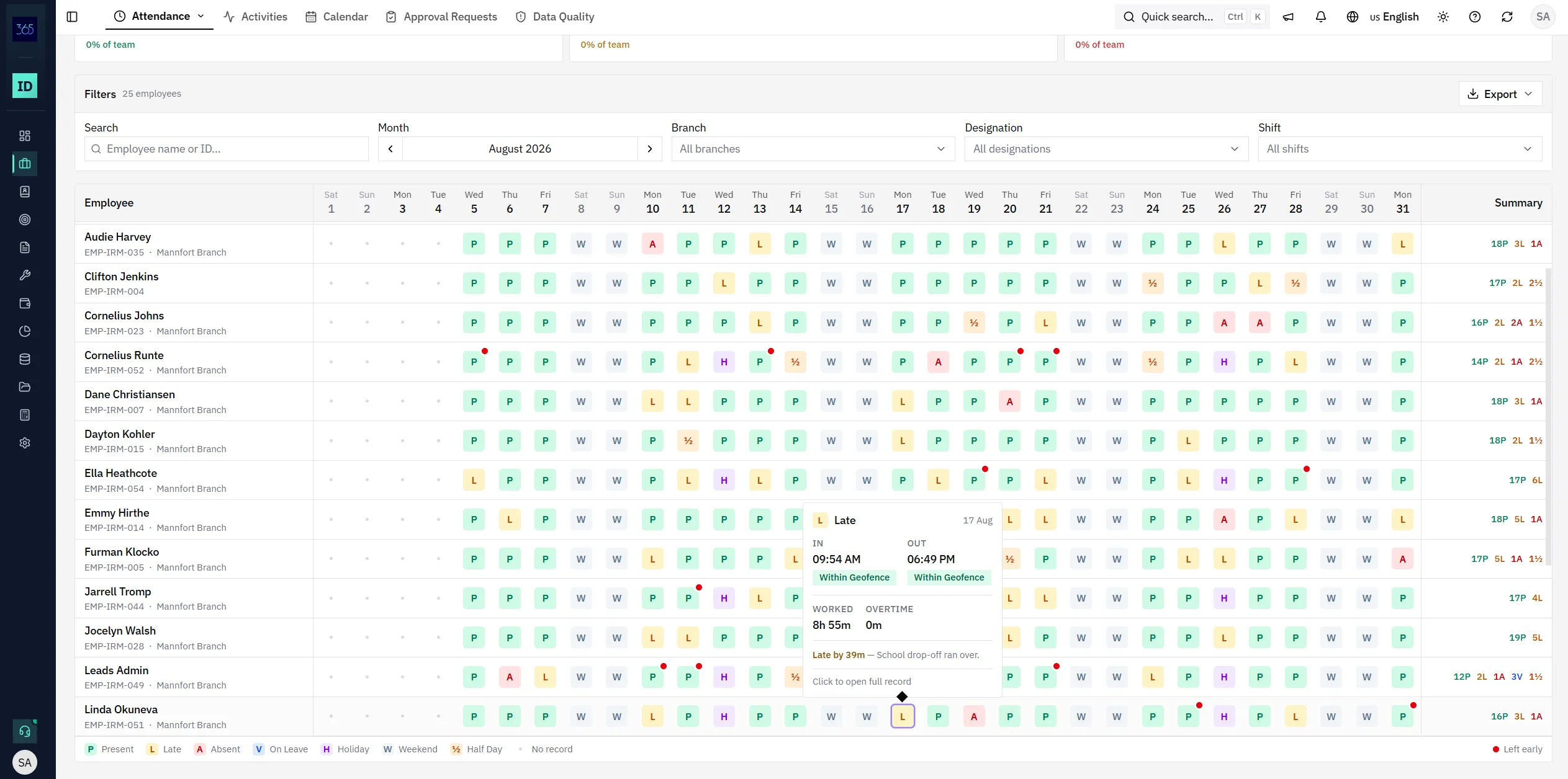 IRM365 attendance roster showing a month grid of daily attendance codes per employee with branch, designation, and shift filters