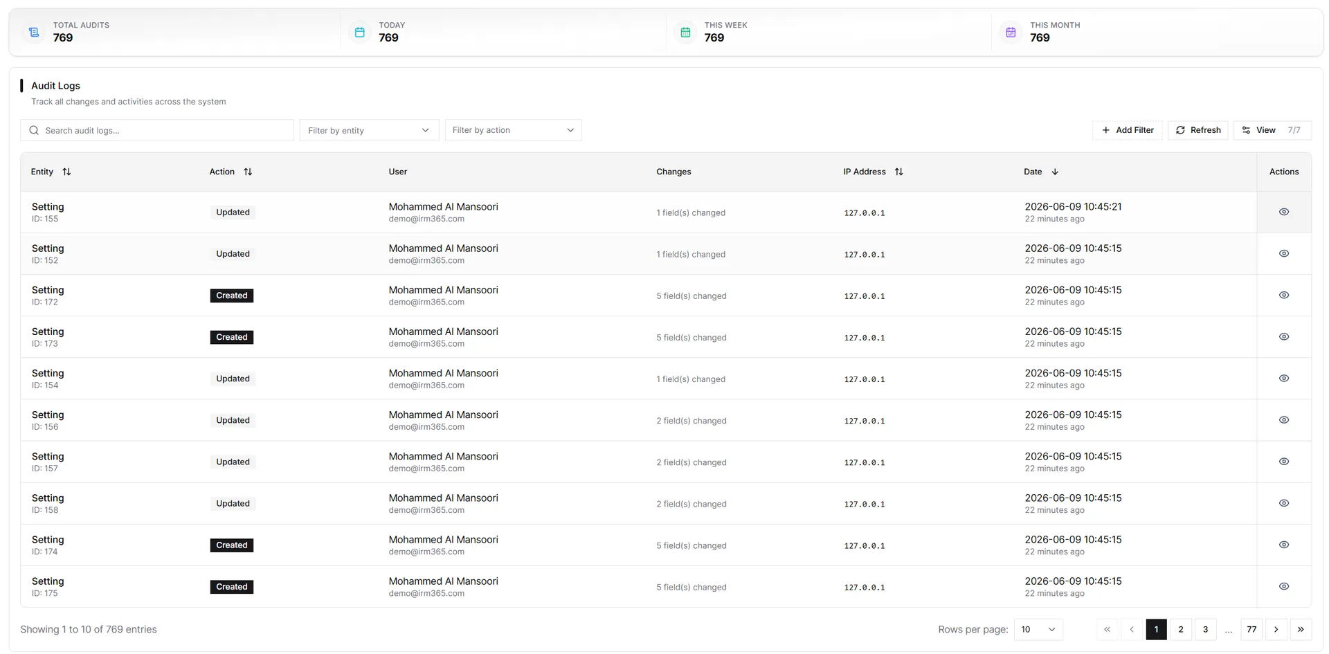 IRM365 audit log showing record changes, users, timestamps, IP addresses, and event details