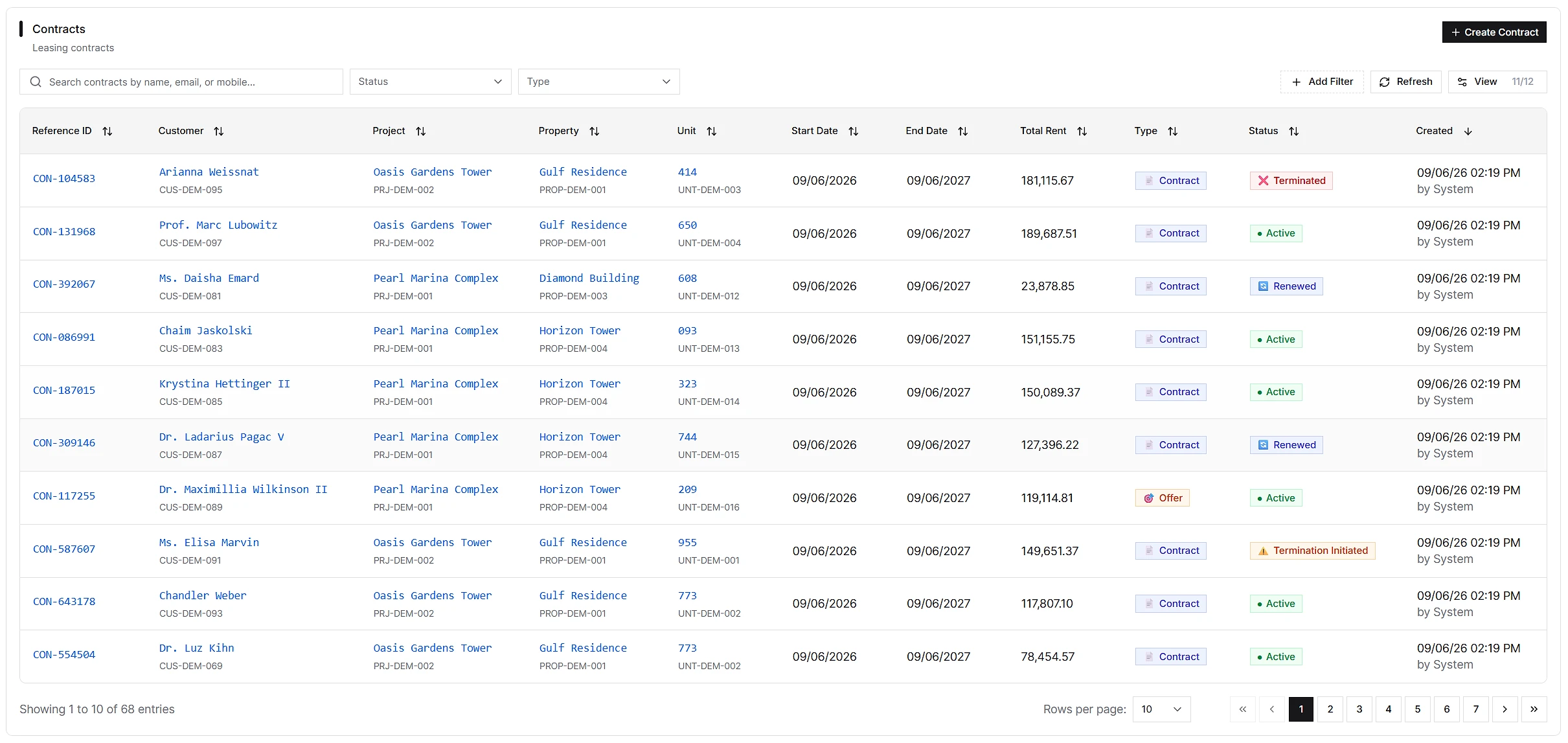 IRM365 contracts register showing customer, project, unit, dates, rent, type, and status columns