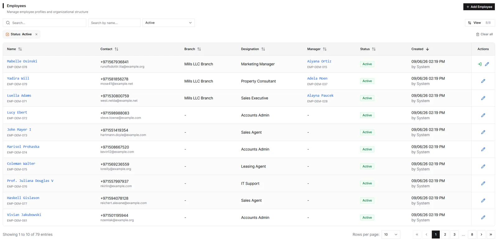 IRM365 employees workspace showing employee profiles, branch, manager, linked user, and status