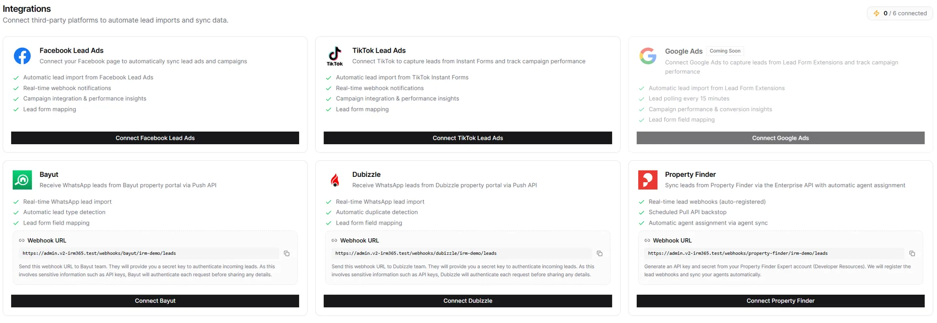 IRM365 Integrations page showing the TikTok Lead Ads connector alongside Meta, Bayut, Dubizzle, and Property Finder