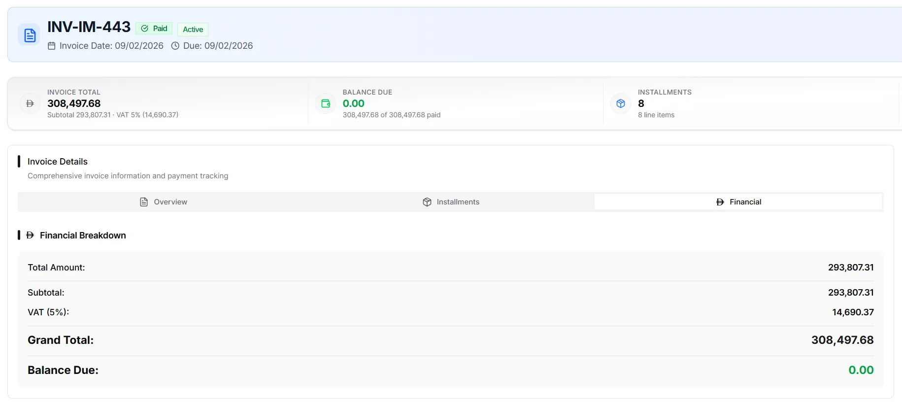IRM365 finance invoice detail showing customer, agreement, installments, tax totals, and linked records
