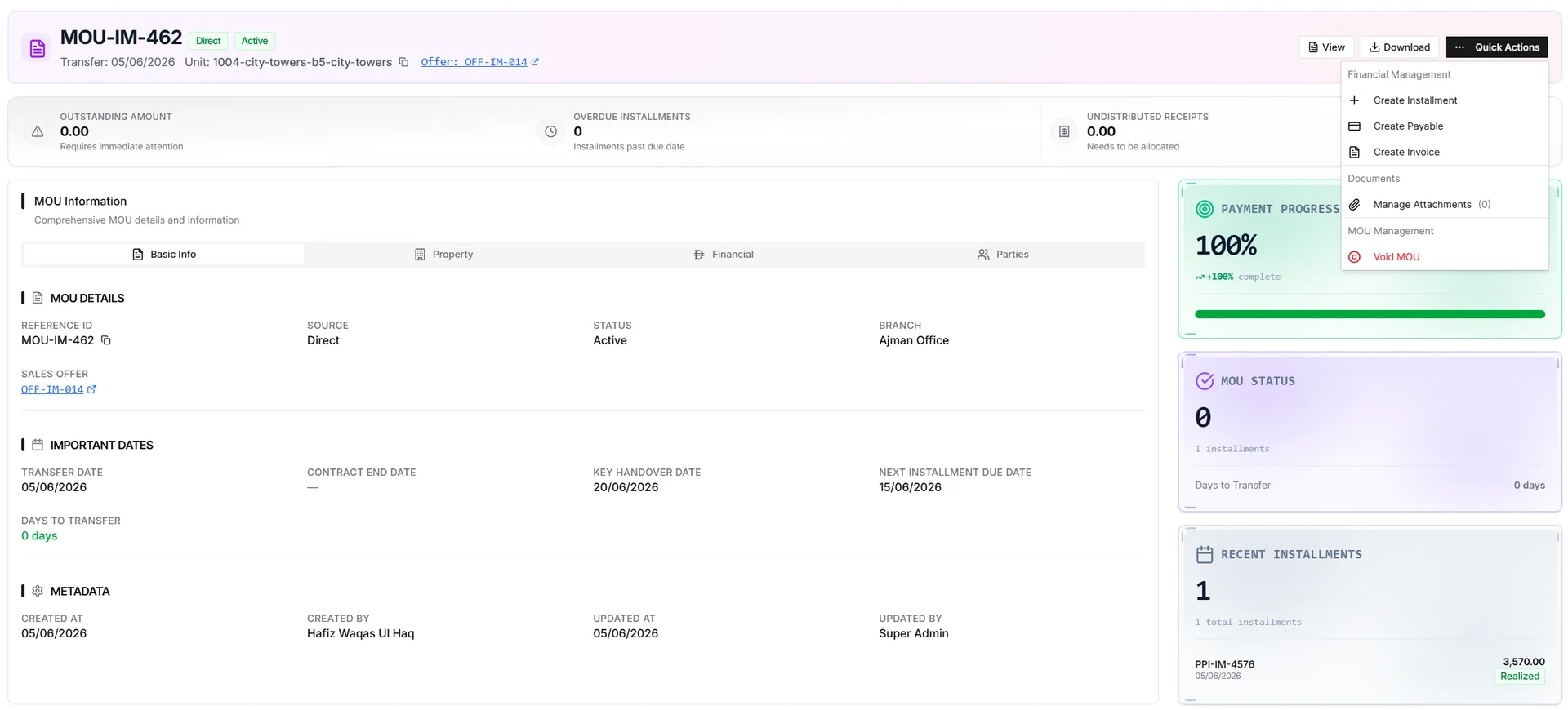 IRM365 MOU detail workspace showing agreement details, approval state, unit, financials, and tabs